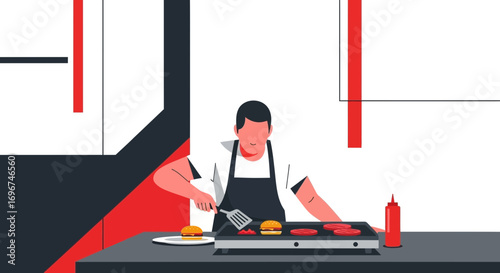 Chef Preparing Cooking Burgers on Electric Grill in Minimalistic Modern Illustrated Style