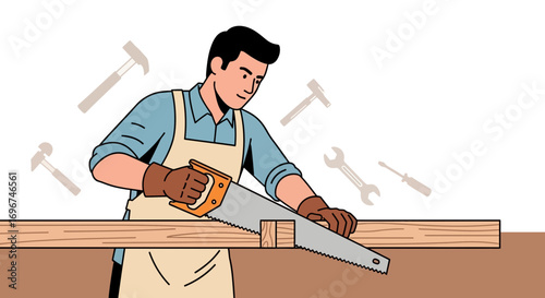 Carpenter Skillfully Uses a Hand Saw to Cut Wood: A Craftsmanship Illustration