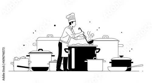 Chef Preparing Cuisine In Kitchen, Vector Illustration Depicting Culinary Art And Gourmet Cooking