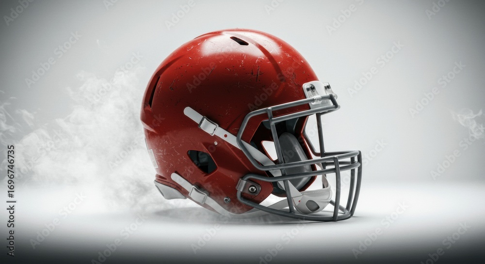 Fototapeta premium Gritty Red American Football Helmet on Dramatic Smoky Background
