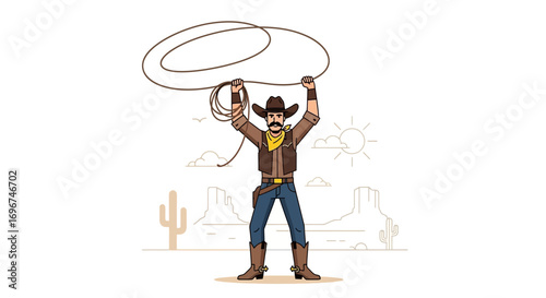 Cartoon Cowboy Demonstrating Lasso Skill In The Desert, A Vector Illustration Concept