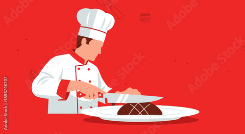 Chef Preparing Delicious Dessert, Culinary Art, and Elegant Plating, on a Bright Red Background