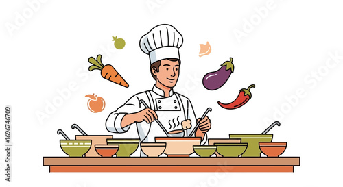 Chef Preparing Delicious Cuisine With Fresh Vegetables and Other Ingredients Illustrated