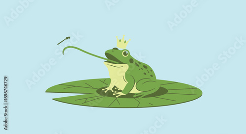 Cartoon Frog With A Crown, Attempting To Catch A Bug, Sitting On A Lily Pad