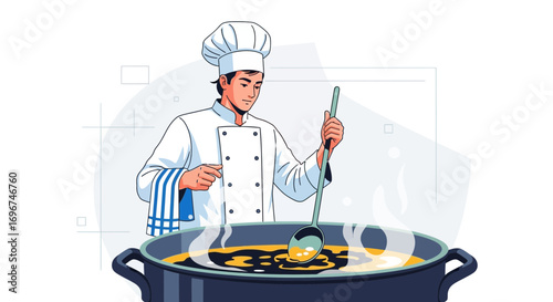 Chef Preparing Delicious Dish in a Large Pot, Stirring With a Ladle Methodically
