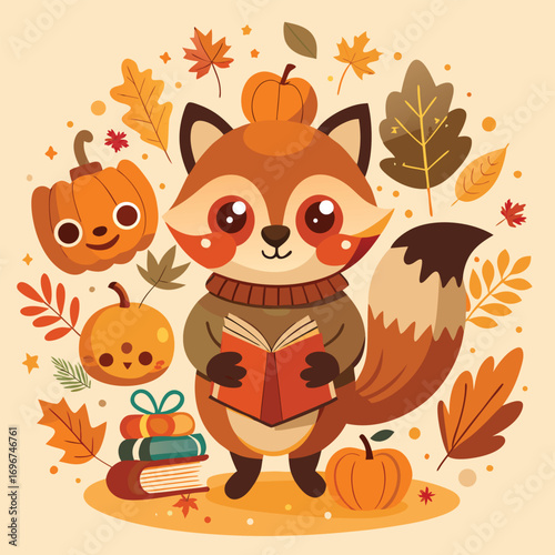 Cute Autumn Animals T-Shirt Design – Fox, Squirrel and Raccoon with Pumpkins and Books in Kawaii Fall Style