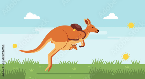 Cartoon Kangaroo in Natural Setting with a Pouch and its Joey, Cute Cartoon Art