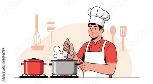 Chef Preparing Delicious Dish in Kitchen with Cooking Utensils Illustration