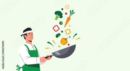 Chef Preparing Delicious Healthy Meal While Cooking Fresh Vegetables into Wok