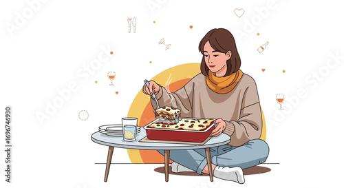 Casual Dining: A Woman Enjoying Delicious Homemade Lasagna on a Cozy Day