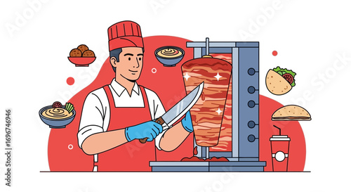 Chef Preparing Delicious Shawarma: A Culinary Illustration for Food And Restaurant Imagery