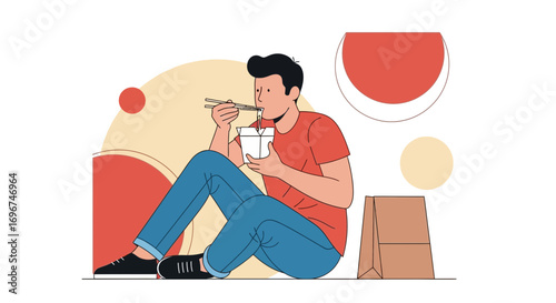 Casual Individual Enjoying Noodles From A Take Out Order, Lifestyle Illustration