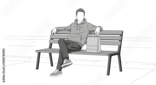 Casual Person Sitting On Bench Holding a Bag, Shopping, Relaxation, and Leisure