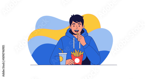 Casual Young Man Enjoying French Fries and Refreshing Drink Representing Food Fun Activity