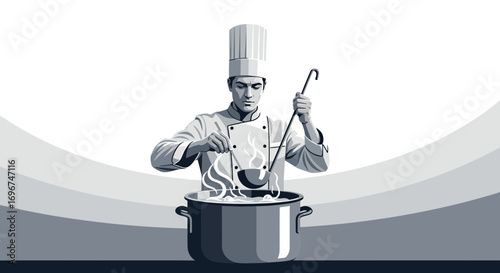 Chef Preparing Food In A Pot: Culinary Artistry And Gourmet Cooking Illustration