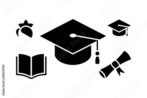 Scalable black and white educational icon set vector illustration graduate cap book diploma academic achievement symbol