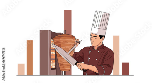 Chef Preparing Fresh Shawarma Meat With A Large Knife Restaurant Counter Illustration
