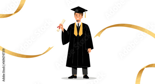 Celebratory Young Man Holding Diploma on Graduation Ceremony Achievement Illustration