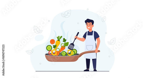 Chef Preparing Fresh Vegetables in Pan for Healthy and Delicious Dish Illustration