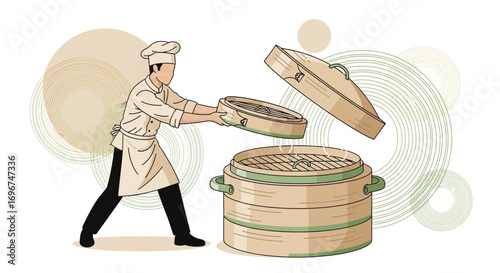Chef Preparing Freshly Steamed Dishes in Authentic Bamboo Steamer Illustration