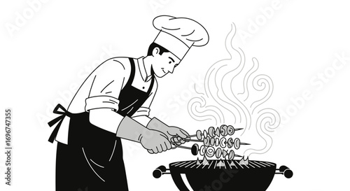 Chef Preparing Savory Skewers On The Grill, A Culinary Delight, Monochrome Illustration