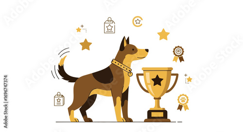 Champion Dog Stands Proudly Beside Award Cup Illustrating Victory And Achievement