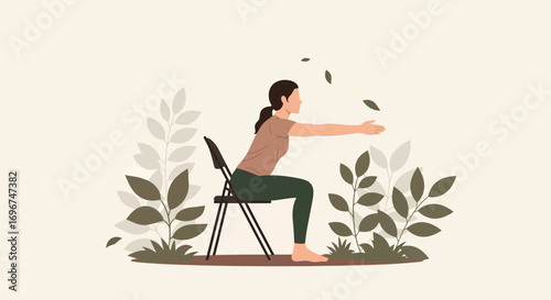 Chair Yoga Pose With Nature Backdrop Demonstrating Health And Wellness Practices