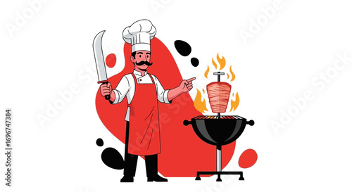 Chef Preparing Shawarma For customers with knife and pointing at the grill on white backdrop