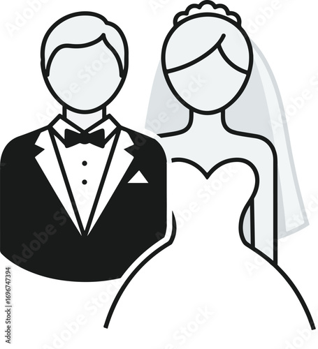 Simple line art icon of a bride and groom couple