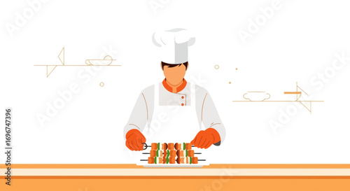 Chef Preparing Skewers: A Culinary Illustration of Grilling and Gourmet Cooking