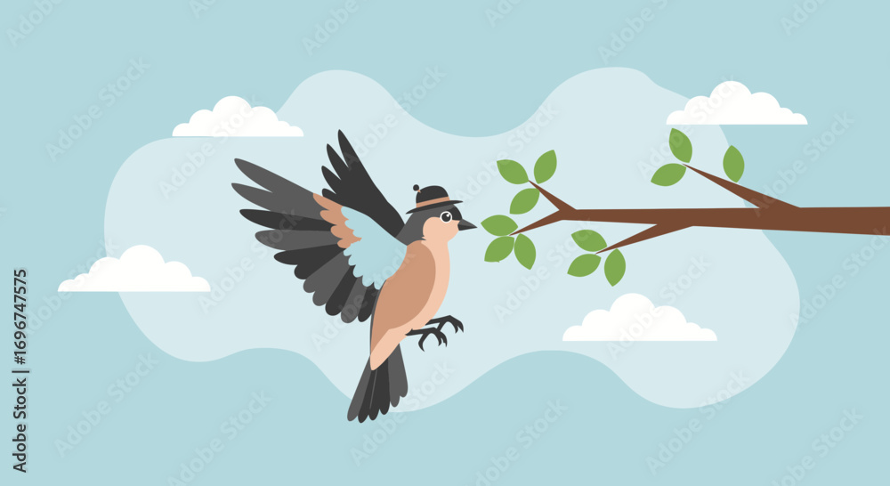 Naklejka premium Charming Cartoon Bird with a Hat Soaring Near Branches in a Whimsical Sky
