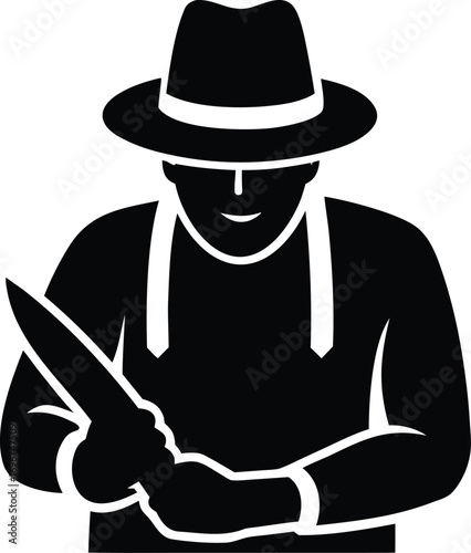 Graphic silhouette of a man in a fedora holding a sharp knife ready for action