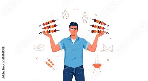 Chef Presenting Appetizing Grilled Skewers, Ready For Summer Barbecue Feast Celebration