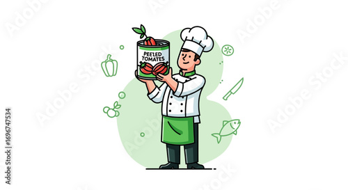 Chef Presenting Canned Tomatoes Vector Illustration Perfect For Cooking Concept