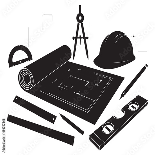 Blueprint with tools isolated on white background for architectural design