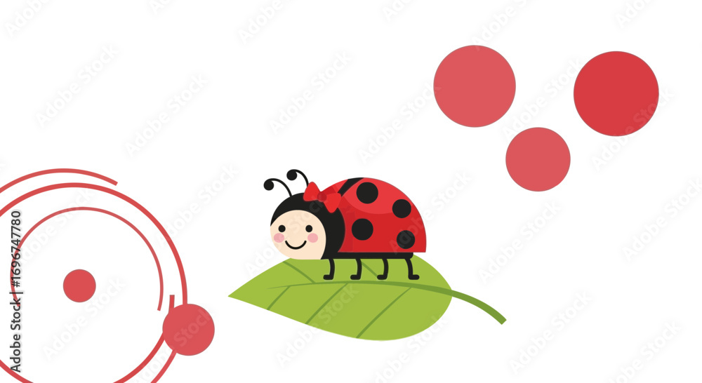 Fototapeta premium Charming Ladybug Resting On Leaf With Red Circles, A Whimsical Artistic Depiction