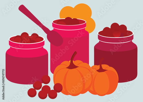 Autumn harvest still life featuring jars of jam pumpkins and cherries artistically rendered