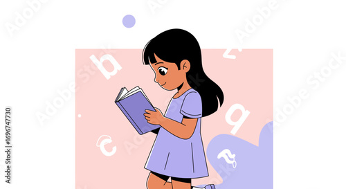 Charming Girl Lost in a Book, Surrounded by Playful Alphabet Elements and Illustrations.
