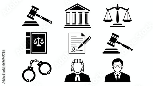 Collection of 9 black and white legal justice icons vector illustration scalable eps for law and courtroom themes