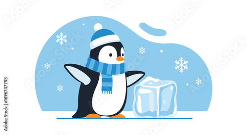 Charming Penguin Enjoys Winter's Beauty Alongside Large Ice Cube in Vector Illustration