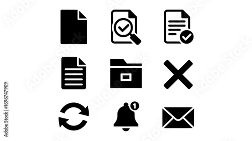 Set of 9 scalable vector icons for documents folders mail notifications and more black and white flat design for web and apps