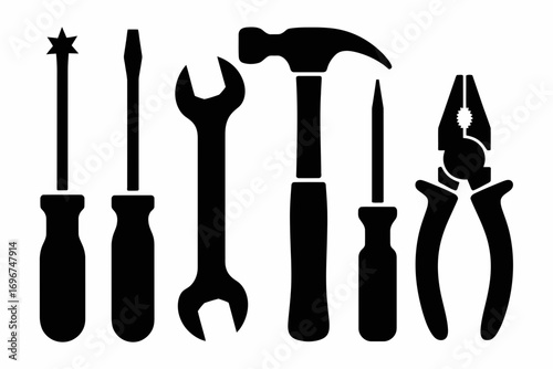Vector silhouette illustration of assorted hand tools including screwdrivers pliers wrench and hammer scalable graphic