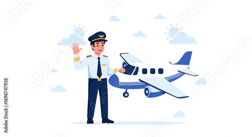 Cheerful Aviator Standing Near Aeroplane Welcoming Passengers To Begin Their Journey In The Sky