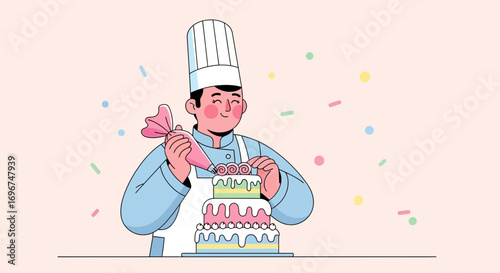 Cheerful Baker Artfully Decorating Delightful Layered Cake with Artistic Prowess