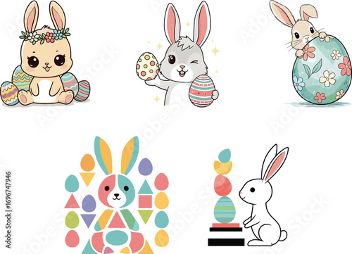 Cute Easter rabbits with colorful decorated eggs in various artistic styles, spring holiday bunny vector illustration for festive seasonal design themes