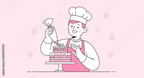 Cheerful Baker Decorating a Delightful Cake with Intricate Ornamental Icing Design.