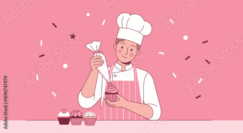 Cheerful Baker Decorating Cupcakes with Pink Icing and Sprinkles on a Vibrant Background