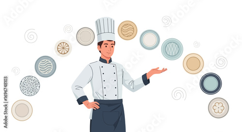 Chef Presents Variety Of Decorative Plates Representing Culinary Arts And Delicious Meals