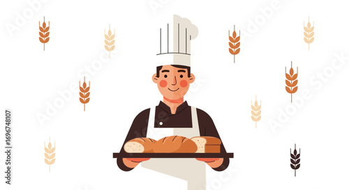 Cheerful Baker Presenting Freshly Baked Bread On A Tray With Wheat Decorations