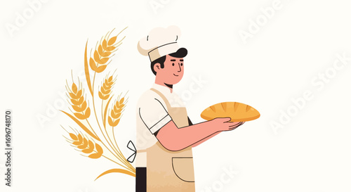 Cheerful Baker Presents Freshly Baked Bread Alongside Wheat Spikes Flourishing Delight